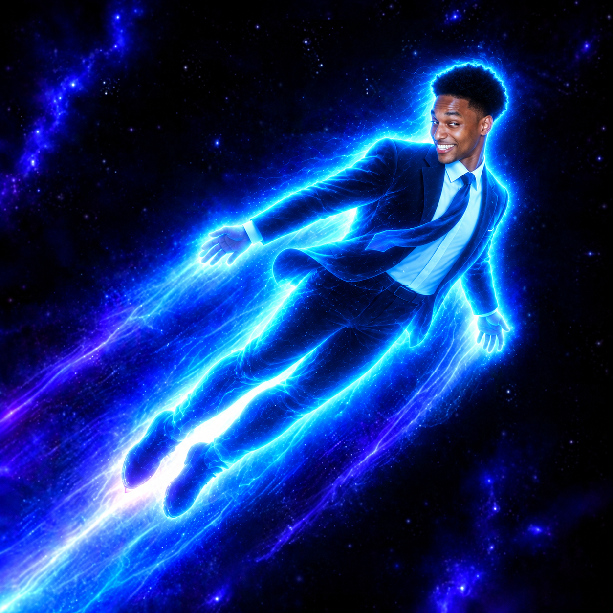 Ansem rendered as a luminous blue figure accelerating through deep space